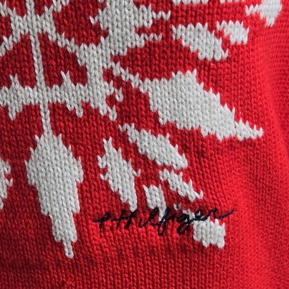 Tommy Hilfiger Womens Medium Red Cotton Snowflake Winter Sweater - Picture 4 of 11